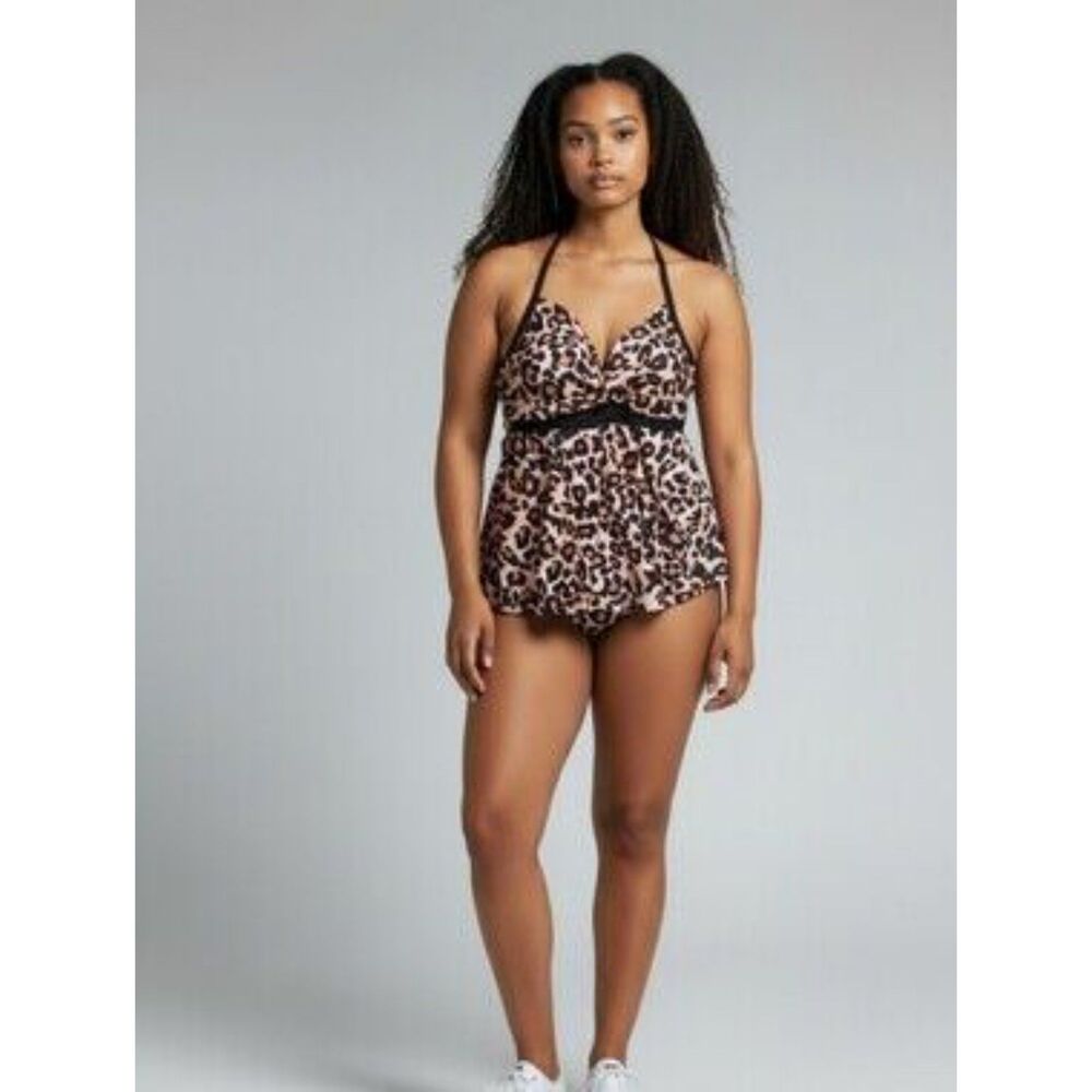 Aldigor Women's 2Piece Tankini Set Adjustable Strap Leopard Print Pink Black 3XL